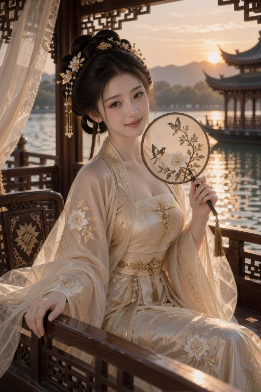 宫装，夕阳下的船栏杆旁，一名年轻中国女子侧坐，左手搭在栏面，...