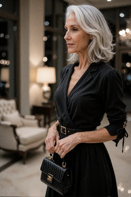 Medium Shot. A Mature Woman At Night Wearing An Elegant Blac...