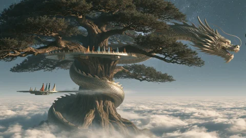 An Ancient Chinese Cosmic World Tree Reaching From Earth To... — Stable Diffusion AI Prompt: An ancient Chinese cosmic world tree reaching from earth to heaven, the legendar...