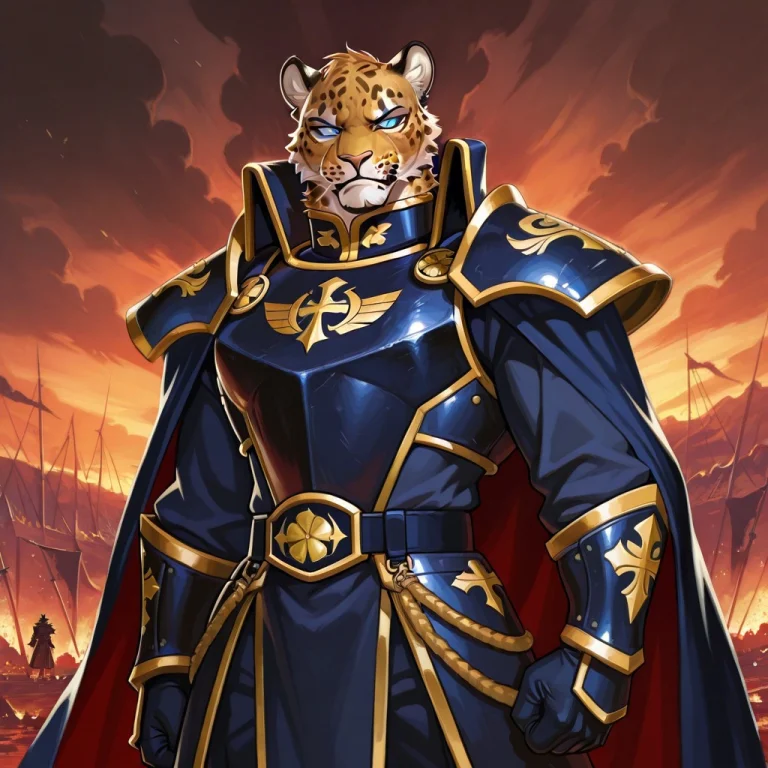 A Powerful Anthropomorphic Male Leopard Commander Standing I...