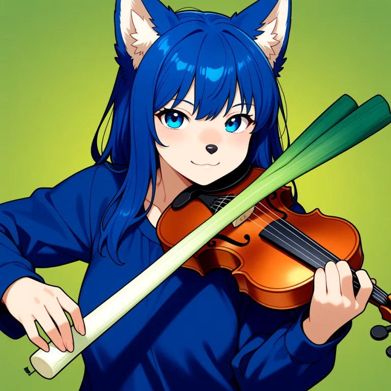 Furry Wolf With Blue Hair Holding A Violin And A Green Leek...