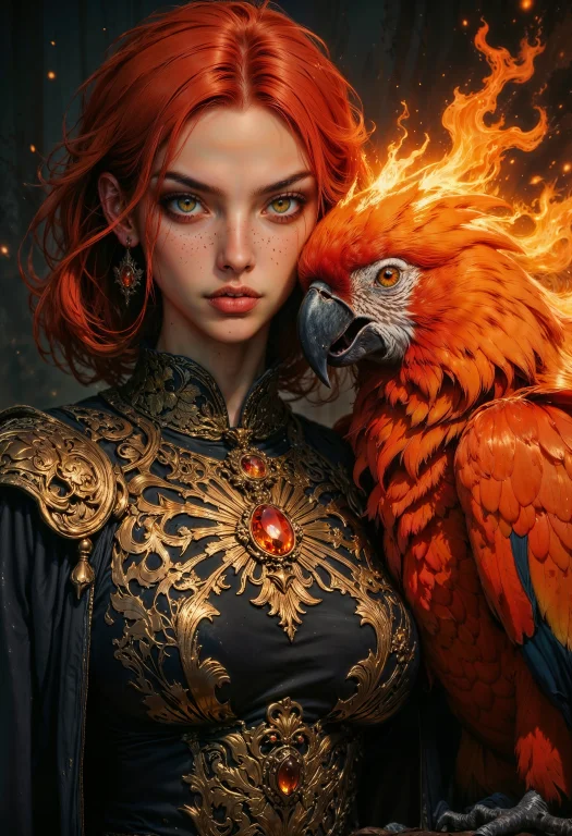 A Fierce Young Woman With Fiery Red Hair And Golden Eyes Sta...