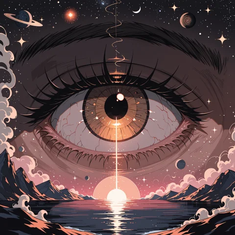 Giant Eye in Starfield Prompt — Stable Diffusion AI Prompt: close-up, eye focus, all seeing eye, eyeball, eyelashes, brown eyes, spiral, cir...