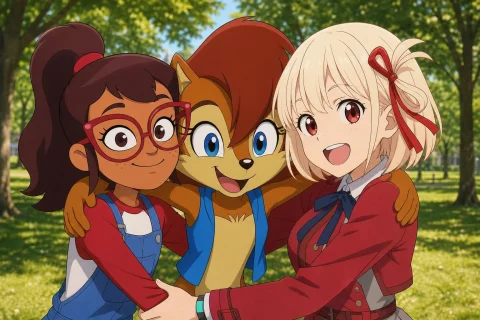 A Heartwarming And Detailed Anime-cartoon Crossover Scene Fe... — Stable Diffusion AI Prompt: A heartwarming and detailed anime-cartoon crossover scene featuring three specif...