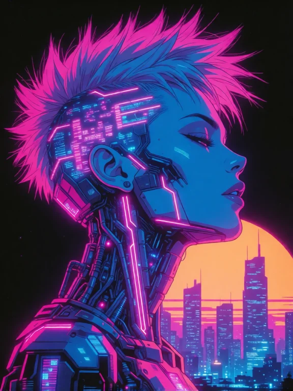A Digital Artwork Featuring A Neon, Cyberpunk-style Portrait...