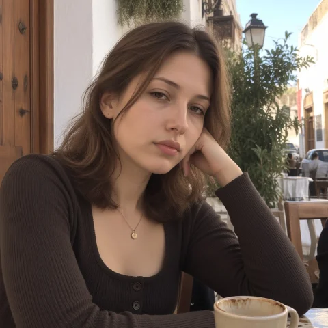 Relaxed Woman at Café Portrait — Stable Diffusion AI Prompt: Photograph of a young Caucasian woman with light skin and brown, wavy hair, sitt...