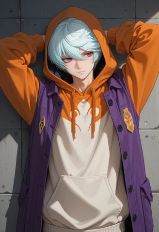 Masterpiece, Best Quality, Orange Hoodie Under A Long Purple... — Stable Diffusion AI Prompt: masterpiece, best quality, orange hoodie under a long purple open coat with oran...
