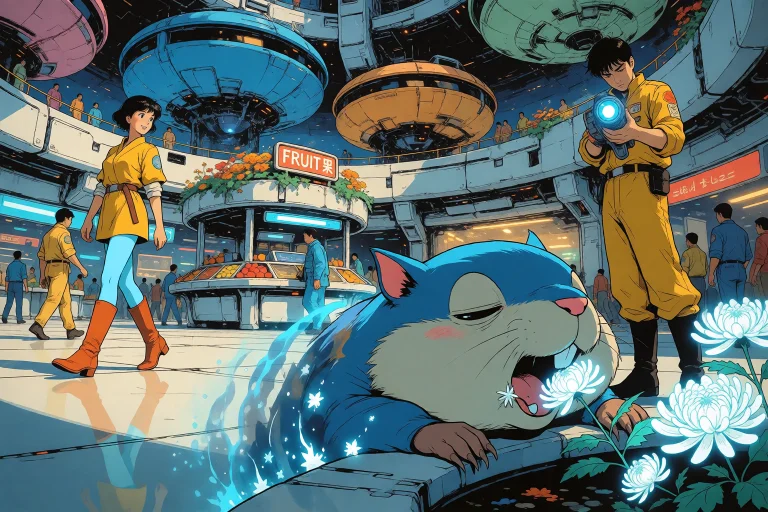 Stylized, Detailed 1980s Manga Art. We See The Concourse Of...