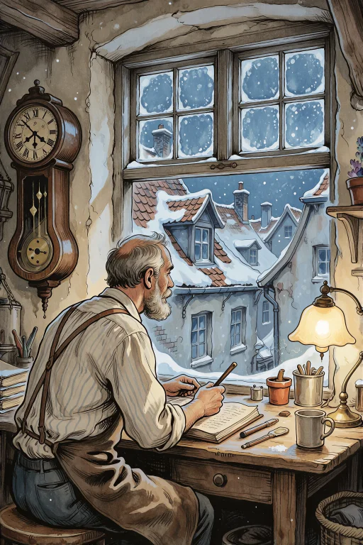 An Old Clockmaker Sits By A Frost-covered Workshop Window, P...