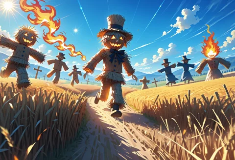 Burning Straw Man, Button Eyes, Scarecrow, Panic, , Straw Fi... — SDXL AI Prompt: burning straw man, button eyes, scarecrow, panic, , straw field. sunny day, lens...