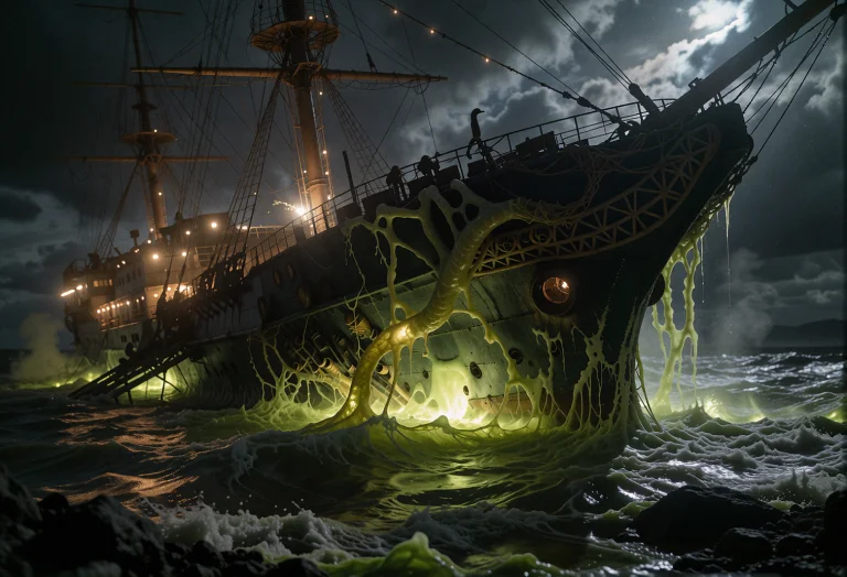A Crashed Generation Ship Half-submerged In A Glowing Tar La...
