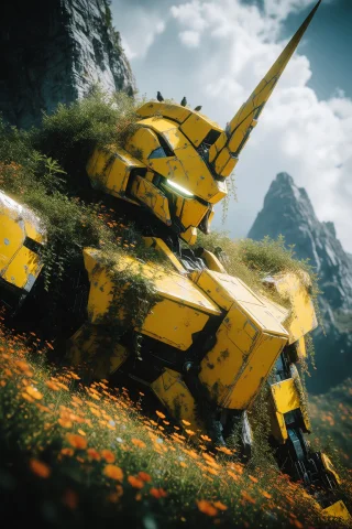 Zidiusart, Masterpiece, Very Aesthetic, The Image Depicts A... — Stable Diffusion AI Prompt: zidiusArt, masterpiece, very aesthetic, The image depicts a massive yellow mecha...