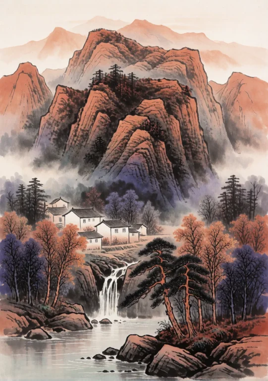 Redshanhe, A Layered Mountain Landscape Dominates The Compos...