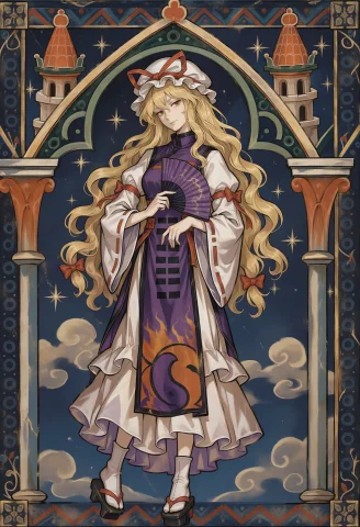 Score7, Score8, Score9, Yakumo Yukari, Hand Fan, Blonde Hair... — Stable Diffusion AI Prompt: score_7, score_8, score_9, yakumo yukari, hand fan, blonde hair, 1girl, hat, mob...