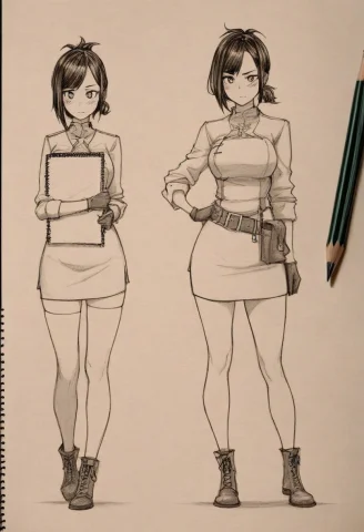 Drawing Of Girl, Sketchbook, Parchment Paper, Pencil Drawing... — Stable Diffusion AI Prompt: drawing of girl, sketchbook, parchment paper, pencil drawing, character sheet, b...