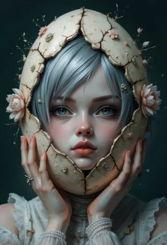 Cinna Flow, Ornate Egg-shaped Headpiece, Face Partially Visi... — FLUX AI Prompt: cinna flow, Ornate egg-shaped headpiece, face partially visible through cracked...