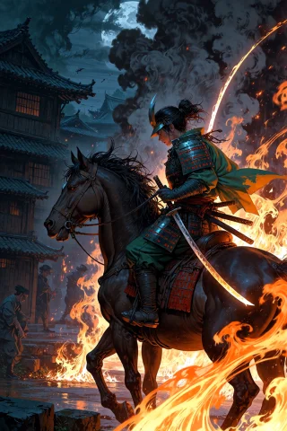Dramatic Samurai Night Ride — Stable Diffusion AI Prompt: , Samurai riding a horse through a burning village at night flames streaking wit...