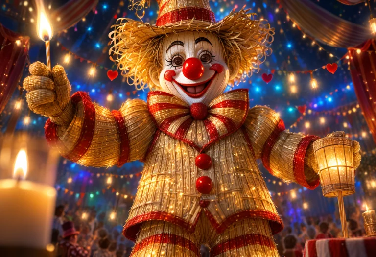 A Clown, Made Of Straw, Standing, Wearing Heart-shaped Glass...