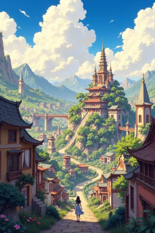 An Oriental Fantasy City Beautiful Landscape, Cloudy Sky, Wo... — Stable Diffusion AI Prompt: An oriental fantasy city beautiful landscape, cloudy sky, woman, very intricate,...