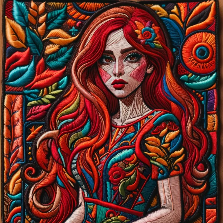 A Woman With Long Red Hair, Brown Eyes, Red Lips, Wearing A...