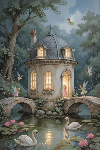 Graceful Fairy Palace in Mist — Stable Diffusion AI Prompt: apieckstyle, a graceful fairy palace standing in a secluded forest pond, surroun...