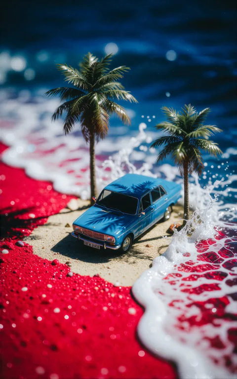 A High-angle Surrealist Composition Featuring A Vintage Blue...