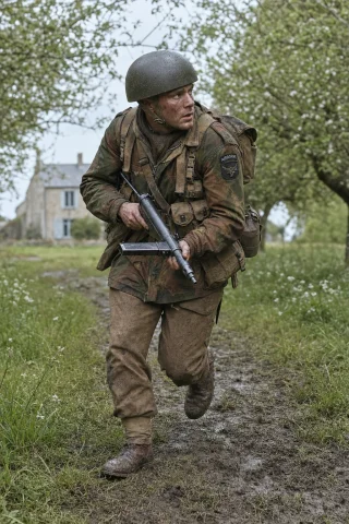 World War II Paratrooper Photo — Stable Diffusion AI Prompt: Ultra-photorealistic cinematic WWII military photography, true 8K micro-detail,...