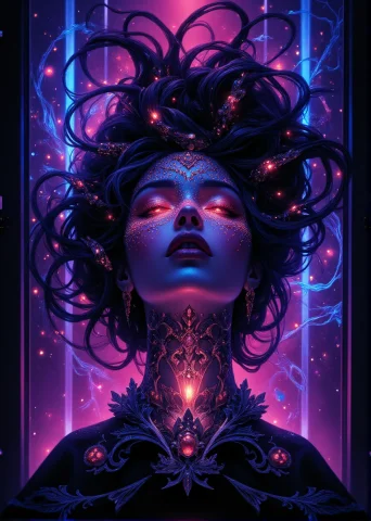 A Surreal And Ethereal Cyber-fantasy Portrait Of A Regal Wom... — Stable Diffusion AI Prompt: A surreal and ethereal cyber-fantasy portrait of a regal woman in a trance-like...