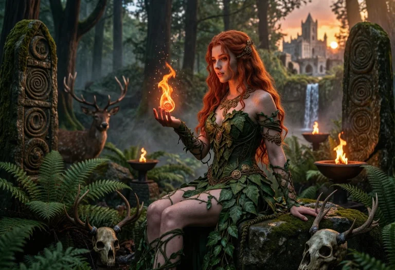 A Hyper-detailed Fantasy Scene Of A Red-haired Forest Sorcer...