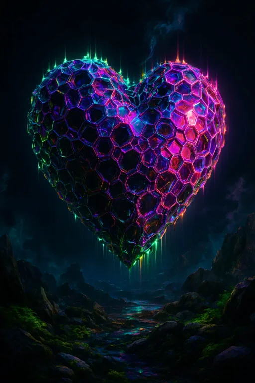 A Vivid, Neon-lit Depiction Of A Heart-shaped Structure. The...