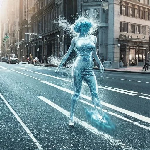 Water Elemental Woman Walking Across A Busy Street
