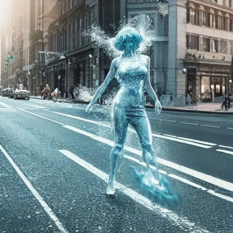 Water Elemental Woman Walking Across A Busy Street — Stable Diffusion AI Prompt: water elemental woman walking across a busy street