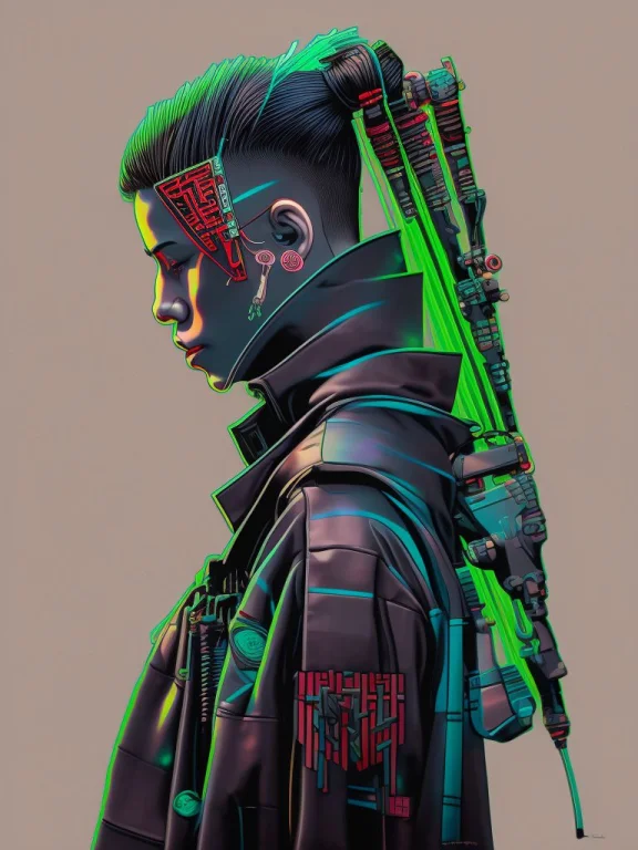 Front Facing Japanese Girl With Green Neon Vibrations, Looki...