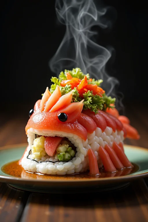A Steaming Plate Of Sushi, Its Shape Shaped Like The Iconic...
