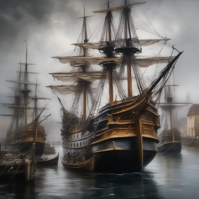 A Fleet Of Galleons Anchored In A Busy Port, Acrylic Paintin...