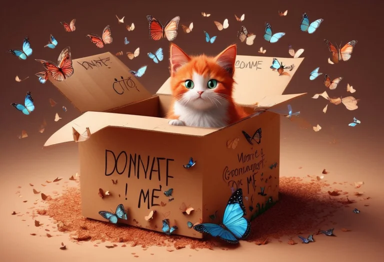 A Poor Little Kitten, Sitting In A Cardboard Box, Begging Fo...