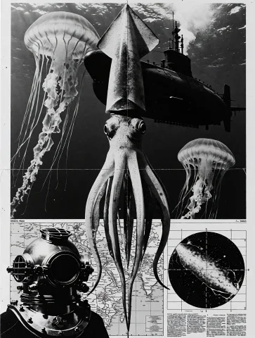 Deep Sea Diver with HERETIC PRESS — Stable Diffusion AI Prompt: h3reticpress, deep sea diver, giant squid, submarine, jellyfish, diving helmet,...