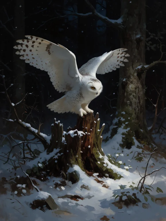 Digital Painting Of A Snowy-white Owl Emerging From The Shad...