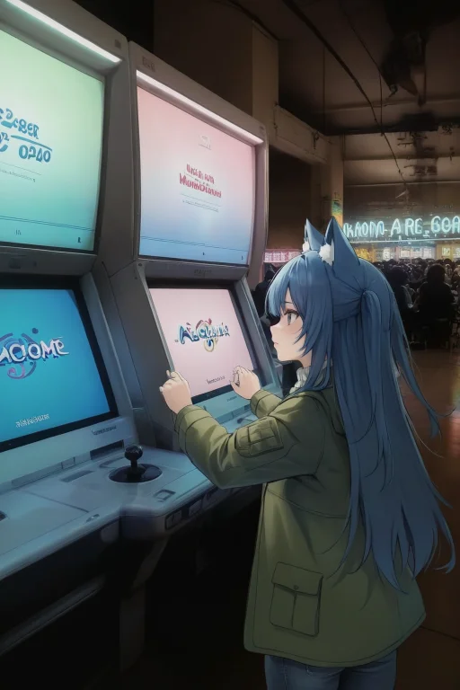 1girl,serious,arcadegame, Arcade Cabinet,video Game,display,...