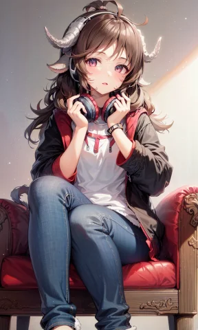 Stable Diffusion Girl Prompt — Stable Diffusion AI Prompt: 1girl,(((jacket,headphones,jeans,sitting,horn))),,chair