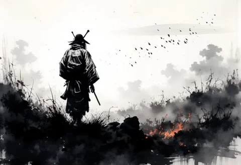 Amidst An Endless Field Of Tall, Whispering Grass, A Lone Sa... — FLUX AI Prompt: Amidst an endless field of tall, whispering grass, a lone samurai warrior stands...