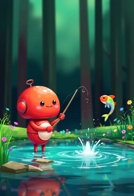 A Cute Translucent Red Robot Fishing At The Pond, Surrounded...