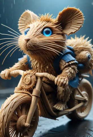 Lorastrawthreadsafetensorbf166719701, Everything Is Made Of... — SDXL AI Prompt: , everything is made of straw, cyberpunk rat riding straw bike, tech goggles and...