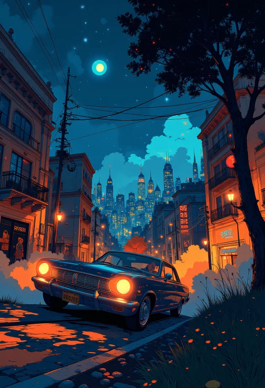A Glowing Classic Car Rolls Down A City, Starry Night, Urban...