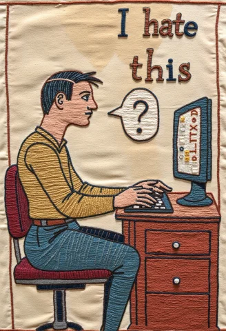 Tapestrystyle, A Man Sits At A Computer Working On A Spreads... — FLUX AI Prompt: tapestry_style, a man sits at a computer working on a spreadsheet, on the comput...