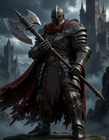 Ultra-Detailed Warrior Portrait — Stable Diffusion AI Prompt: Ultra-detailed dark fantasy portrait of a colossal armored warrior standing on a...