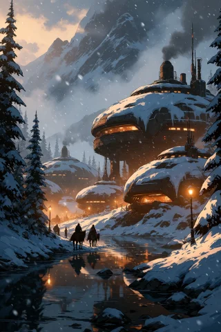 Ta86inkriot, Thin Black Outlines, A Futuristic Settlement Ne... — Stable Diffusion AI Prompt: ta86_inkriot, thin black outlines, A futuristic settlement nestled in a snowy va...
