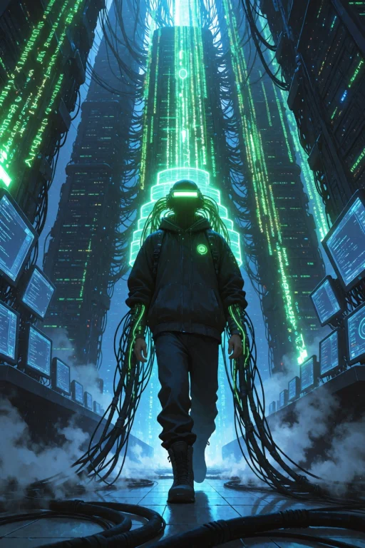 Df5tyle, Cyber-hacker Standing In A Vast Server Cathedral, C...