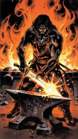 Zfitzpatrick, Blacksmith God Goibniu, Muscular Torso Covered... — Stable Diffusion AI Prompt: z_fitzpatrick, blacksmith god Goibniu, muscular torso covered in soot, striking...