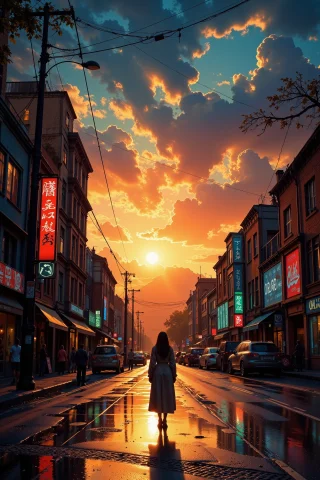 Busy Street With Wet Ground Beautiful Landscape, Sunset, Wom... — Stable Diffusion AI Prompt: busy street with wet ground beautiful landscape, sunset, woman, very intricate,...